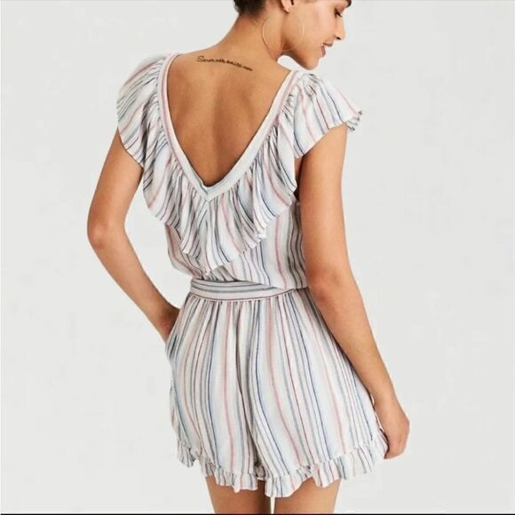 AEO American Eagle Outfitters Stripe Vneck Romper Red Blue - Picture 11 of 11